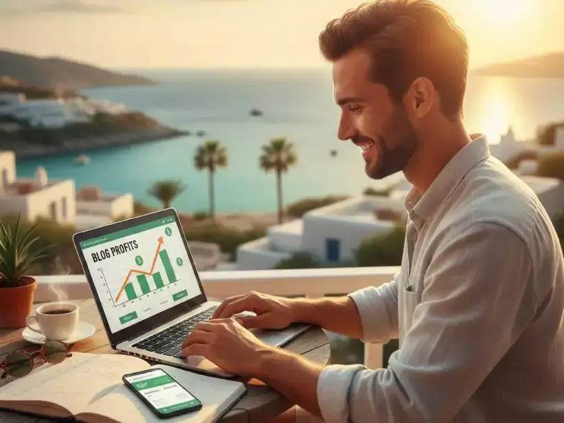 Digital Nomad εργασία με laptop σε παραλία