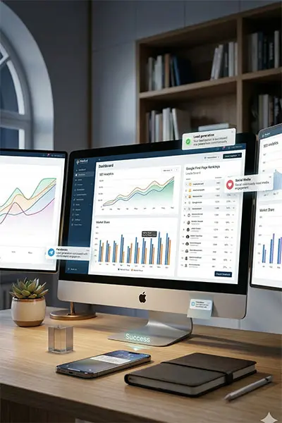 Dashboard με analytics και αποτελέσματα Google Rankings, ολοκληρωμένη ψηφιακή στρατηγική Dominance για επιχειρήσεις.