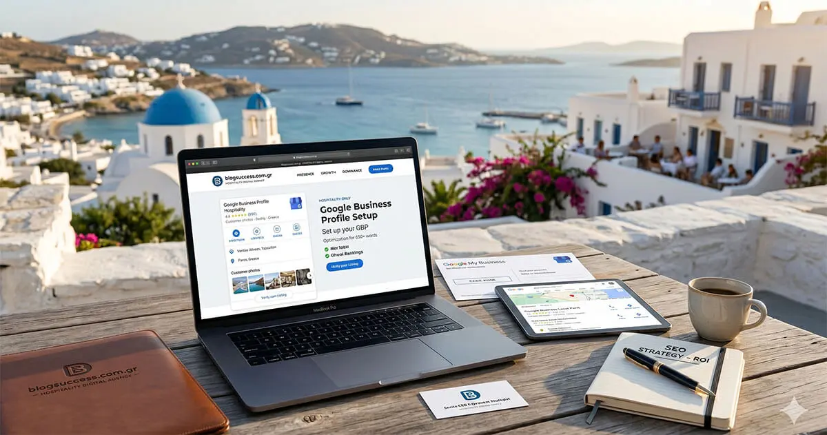 Στρατηγική βελτιστοποίησης Google Business Profile για τουριστικά καταλύματα σε laptop, με φόντο ελληνικό παραθαλάσσιο τοπίο και σημειωματάριο SEO Strategy ROI