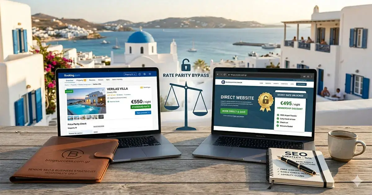 Στρατηγική Rate Parity Bypass: Σύγκριση τιμών σε Booking.com (€550) και Direct Website (€495) σε laptops, με φόντο ελληνικό παραθαλάσσιο τοπίο και σημειωματάριο SEO Strategy ROI