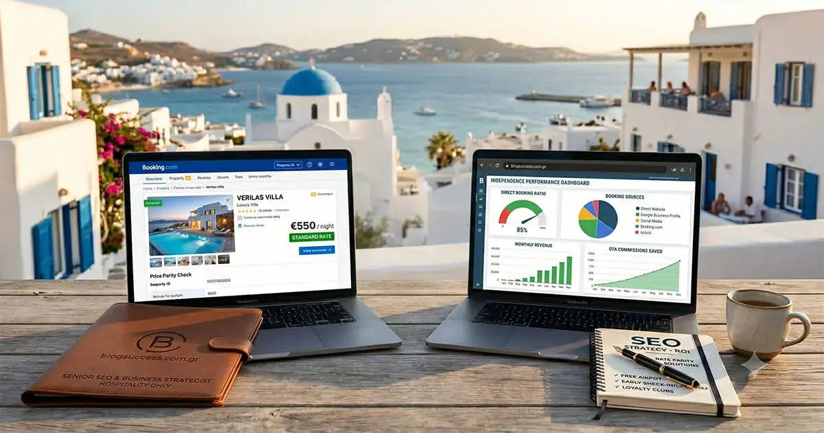 Δύο laptops σε ξύλινο τραπέζι με φόντο κυκλαδίτικο τοπίο. Το ένα δείχνει στατιστικά κρατήσεων Independence Performance Dashboard (85% Direct Bookings) και το άλλο την πλατφόρμα Booking.com, δίπλα σε δερμάτινο φάκελο BlogSuccess και σημειωματάριο SEO Strategy ROI